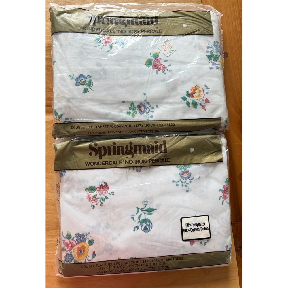 Vintage 70s Wondercale Springmaid Multi Colored Flowers Floral Double Sheet Set
